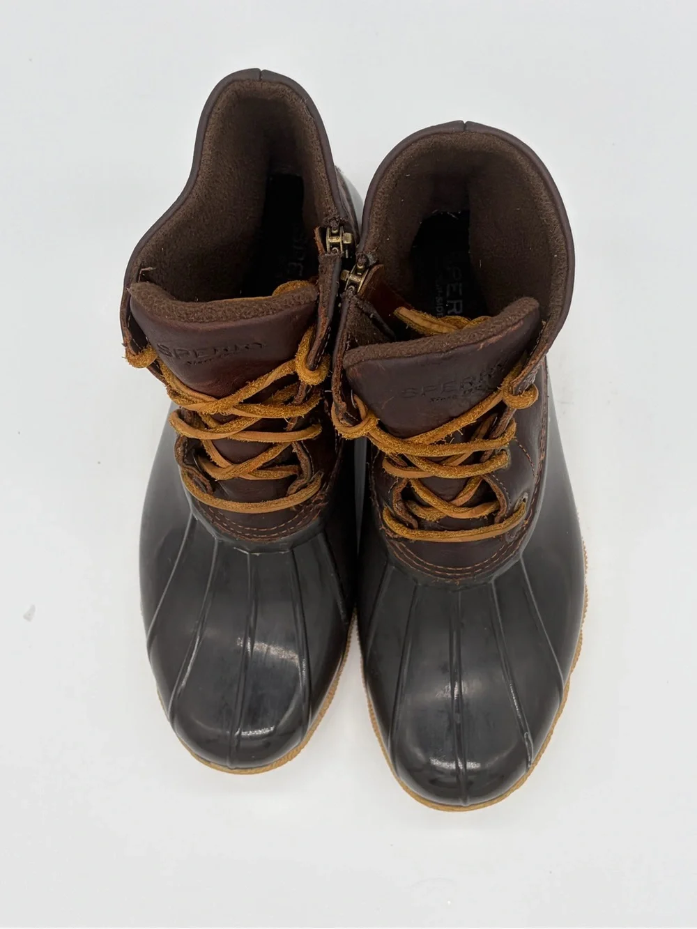Sperry Brown Leather and Black Rubber Duck Boots with Tan Laces